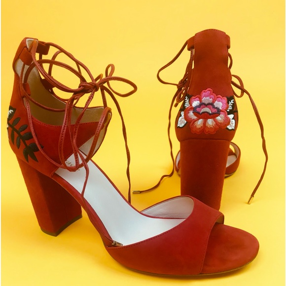 Red Kate Spade Oasis Lace Up Floral Embroidered Suede Heels - Picture 1 of 11